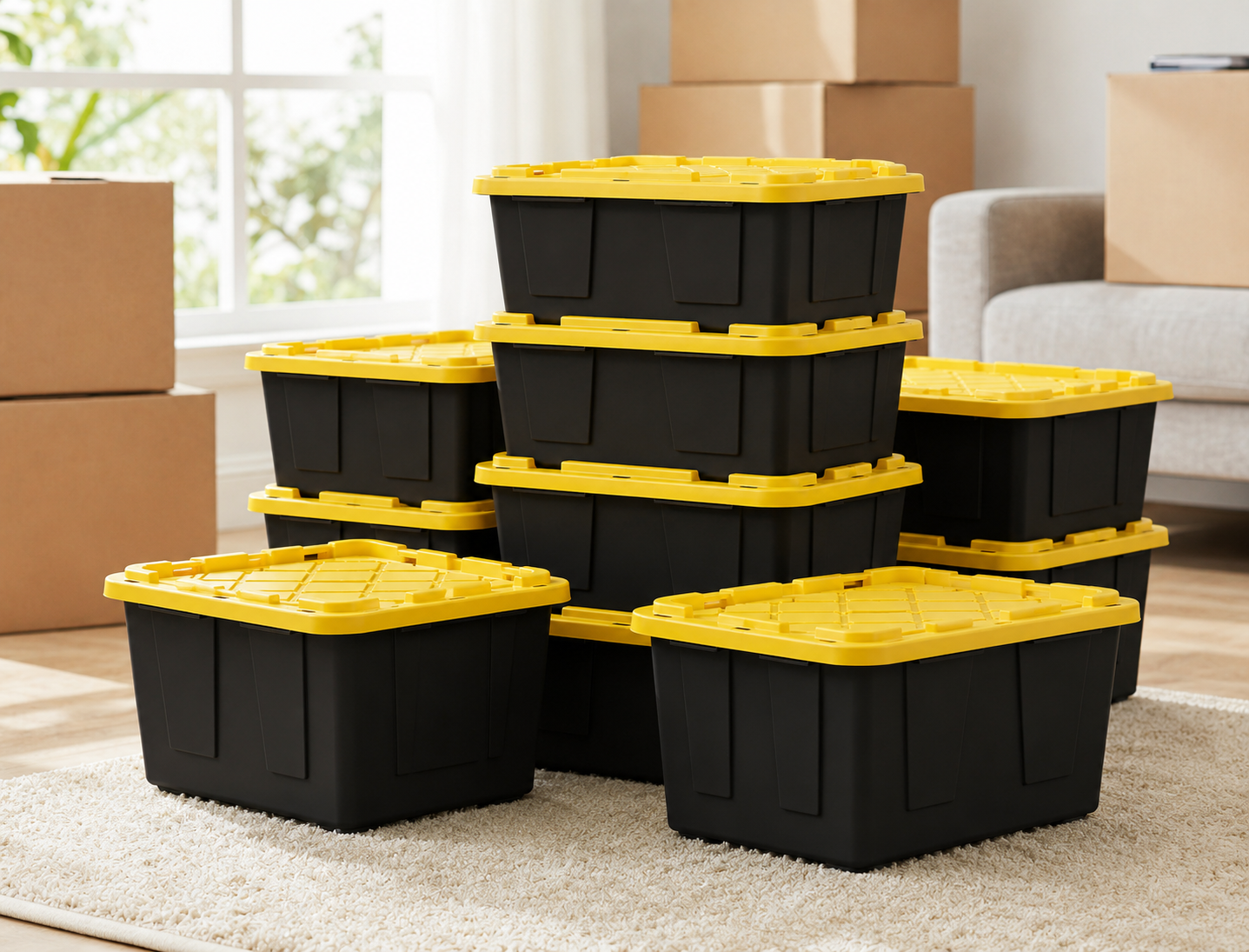 Black moving totes with yellow lids in a bright living room
